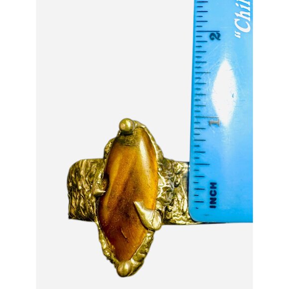 Handcrafted Brutalist Silver Bracelet W Tigers Eye Cabochon Stone Adjustable Fit - Picture 5 of 13